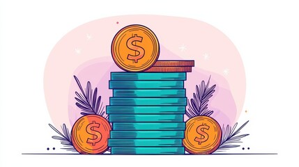 Illustration of coins and stacks representing wealth and financial prosperity.