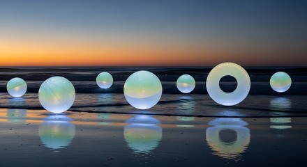 Glowing Orbs on a Beach at Sunset: A Serene Landscape.