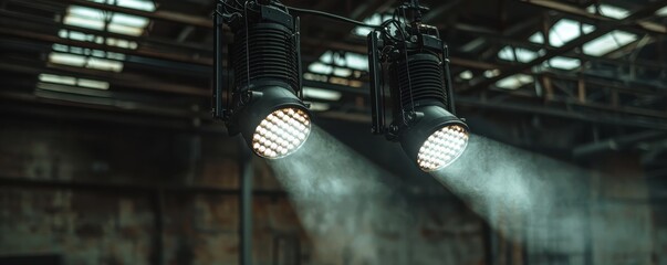 Industrial lighting illuminating a gritty warehouse environment with atmospheric haze.