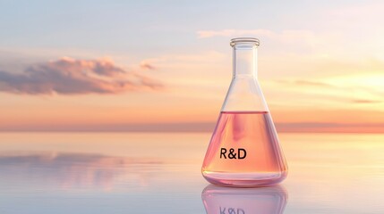 Lab flask with R&D label containing pink liquid against sunset backdrop.