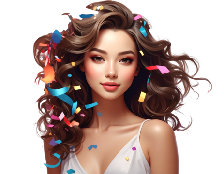 Portrait of a young woman with flowing hair, confetti, and a white top against a transparent background