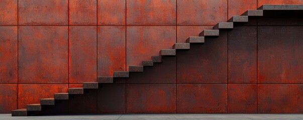Modern staircase against a rusty orange wall, showcasing industrial design and aesthetics.