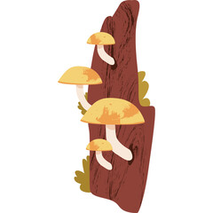 Illustration Of Small Yellow Cap Mushrooms Growing On A Textured Brown Log With Green Leaves On A White Transparent Background