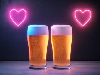 Two frosty beer glasses illuminated by neon hearts on a dark background.