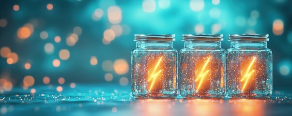 Three jars containing glowing lightning symbols on a vibrant blue background.