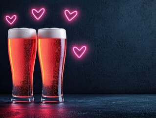 Two glasses of beer with pink heart decorations on a dark background.