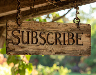 Entice viewers to subscribe with this rustic wooden sign, perfect for a charming online presence and growing your audience with a natural, vintage vibe