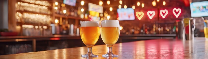 Two glasses of golden beer on a bar counter with a warm, inviting atmosphere.