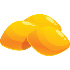 Illustration of three golden yellow candy pieces with shiny highlights on a transparent background
