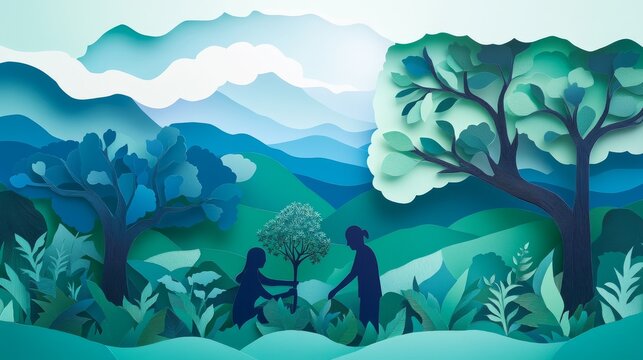 90.Elegant paper-cut scenery of an Arbor Day celebration, where two individuals plant a sapling in a lush outdoor setting. The artwork emphasizes a harmonious connection with nature through smooth,