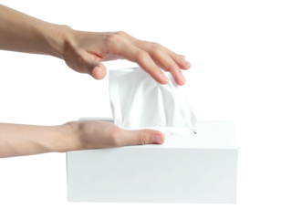 Person's hand reaches for a soft white tissue from a square box, set against a stark black backdrop for clarity