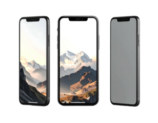 Three phone mockups displaying mountainous landscapes, in different orientations, against a black background