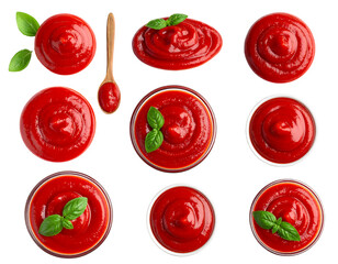 Overhead view of tomato sauce arrangements in bowls and spoon on dark backdrop, garnished with basil