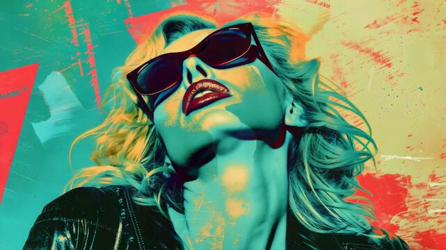 A vibrant portrait of a female rockstar with sunglasses and red lipstick, set against a colorful background reminiscent of retro posters.