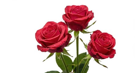Obraz premium Elegant arrangement of three freshly bloomed roses featuring natural water droplets, dramatically isolated against a stark, clean white backdrop ,white background ,macro ,spring