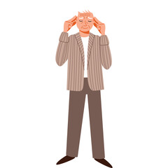 Elderly Man With White Hair Experiencing Head Pain Holding His Temples Wearing A Striped Blazer And Brown Pants In A White Background