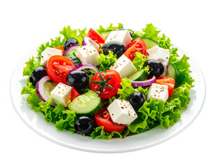 Salad on plate, fresh lettuce, tomatoes, cucumbers, olives, feta cheese, and red onion