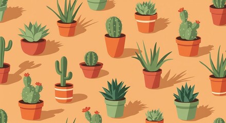 Seamless Pattern of Various Potted Cacti and Succulents.