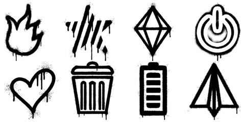 collection of black and white graffiti style icons sprayed with stencil art. Includes symbols such as fire, heart, battery, power, trash can, paper plane, and geometric shapes.