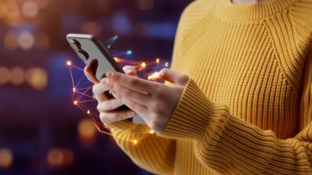Person in Yellow Sweater Using Smartphone with Glowing Digital Network Overlay, Symbolizing Global Data Connectivity