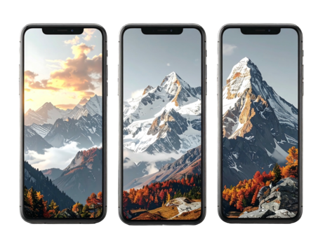 Three phone screens display mountain landscapes with fall foliage and cloudscapes on a black backdrop
