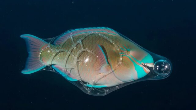 A parrotfish sleeps inside a transparent mucus bubble in the dark ocean