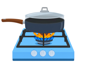 Pot on a gas stove cooking something, with blue flames and dark liquid