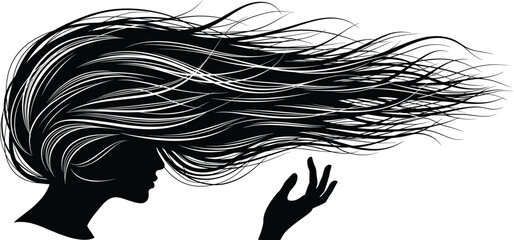 Silhouette with flowing hair, expressive vector design, wind-blown hairstyle, black and blue contrast, artistic head illustration, dynamic motion graphic