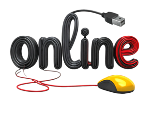 Online" text formed from wire, with a mouse connected by a red wire, all on a black backdrop in a 3D style