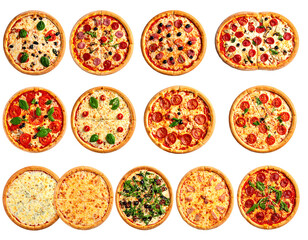 Twelve pizzas with varied toppings olives, pepperoni, tomatoes, and cheese on crusts, against a black background