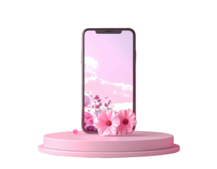 Phone mockup pink blossom, sky background, on a pink platform against a black background. 3D rendering