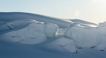 Intense sunlight streaming across a massive, pristine white snowdrift, highlighting the sharp shadows and crystal texture ,crystal ,pure ,scenery