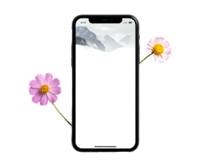 Phone screen showing snowy peaks. Pink flowers border edges. Black backdrop. Clean, minimal, nature theme