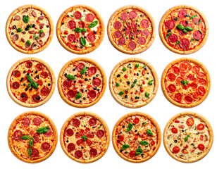 Overhead view of twelve pizzas with varying toppings isolated on a black background