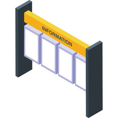 Information Board Signage With Four Blank Panels In A Yellow Header With The Word Information In Orange Against A Transparent Background And Dark Gray Posts On Either Side In An Isometric Perspective