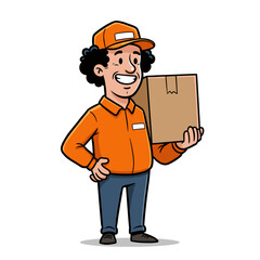 Funny cartoon builder or courier in a uniform and helmet holding a package or box is a great image for construction, shipping, and delivery services