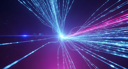 Abstract digital background with glowing blue and pink light trails converging towards a central bright point, representing data flow and speed.