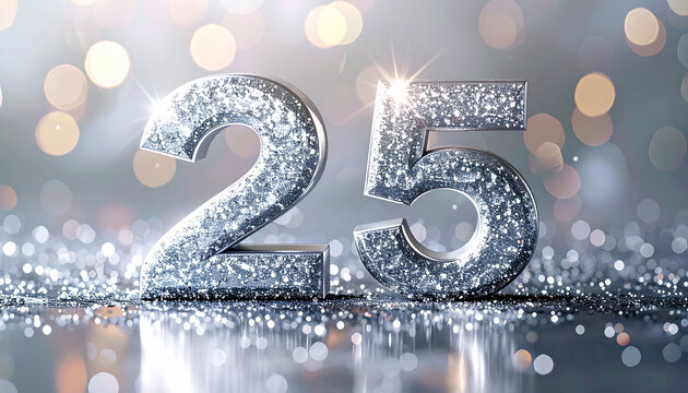 Celebrate a stunning 25th anniversary milestone with shimmering silver numbers against a bokeh background, perfect for invitations and event promotions