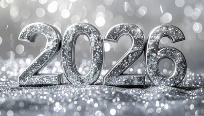 Shimmering silver 2026 is perfect for New Year's Eve celebrations, milestone birthday invitations, or a dazzling event announcement with bokeh lights