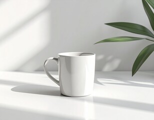 Obraz premium Serene Morning Stillness: A pristine ceramic mug sits bathed in soft sunlight, positioned elegantly on a minimalist backdrop alongside a lush green plant. evoking a sense of calm and quiet.