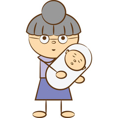Elderly woman with glasses wearing a purple dress holding a baby wrapped in white on a transparent background symbolizing family and generational connection