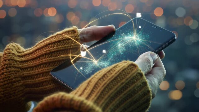 Persons Hands in Knitted Sweater Holding a Smartphone Displaying a Dynamic Network of Glowing Data Connections Against a Bokeh City Night Background