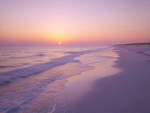 17.A quiet sunrise over Cape San Blas, with small, gentle waves rolling in on the white, powdery sand, the colors of the sky transitioning from soft purples to pinks and oranges, creating a calm,