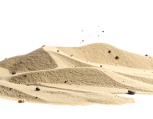 Sandy dunes landscape detail, sparse pebbles, tan hues against a black background