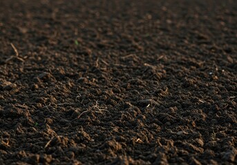 Close up texture of fertile dark farm soil ready for springtime planting, perfect for agriculture and nature background use ,cultivation ,farming ,organic