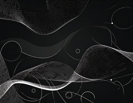 Abstract black background with white curved lines and circles
