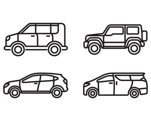 Set of icons of various types of cars. Vector line style isolated on white background.