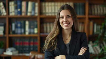 A young woman standing confidently in a law library filled with bookshelves