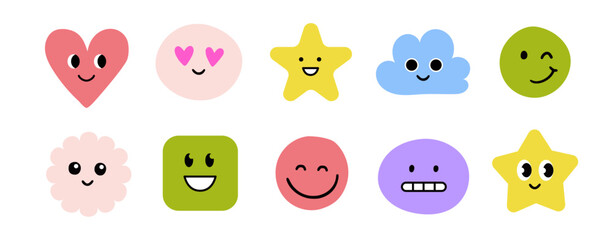 Face smile emoji doodle icon sticker set. Cute kid doodle hand drawn style funny face emoji smile, happy, sad sticker. Funny cartoon emoticon heart, star, flower shape. Vector illustration