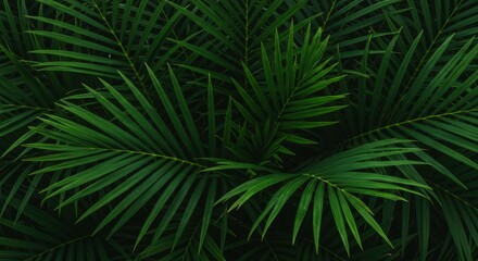 A dense pattern of vibrant green palm fronds creating a lush, organic, and beautiful natural tropical backdrop texture perfect for design ,plant ,texture ,vacation